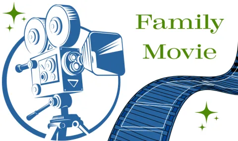 Family movie logo with old school projector and film strip