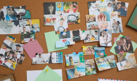 A pinboard covered in various pictures of people and items