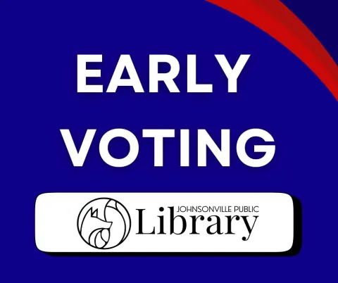 Words early voting on a blue background with library logo.