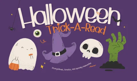 Cute Halloween graphics of a ghost, witch hat, skull, and green hand