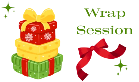 Three festively wrapped presents with the words "Wrap Session" and a red ribbon bow.