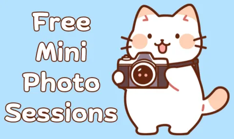 A white cartoon cat holds a camera on a light blue background.  Text reads Free Mini Photo Sessions.