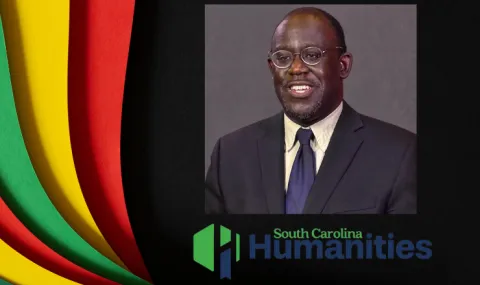 A picture of presenter Damon Fordham and the South Carolina Humanities logo on a black background next to red, yellow, and green stripes