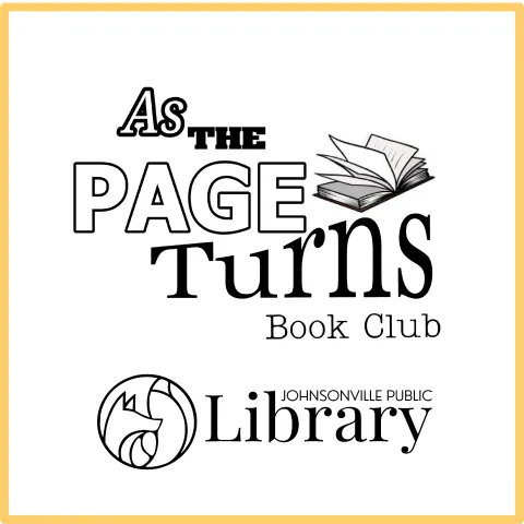 The words "As the page turns book club" with an image of an open book and the library logo