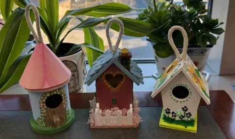 Three painted mini birdhouses 
