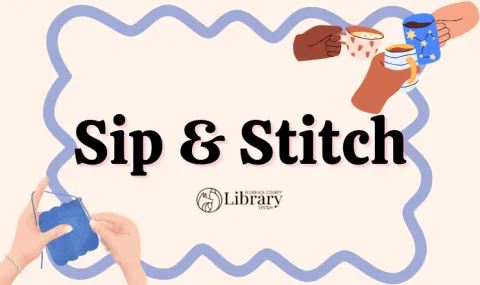 Sip & Stitch logo with hands holding coffee and yarn