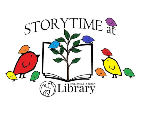 Colorful birds around a book tree with the words storytime at JPL