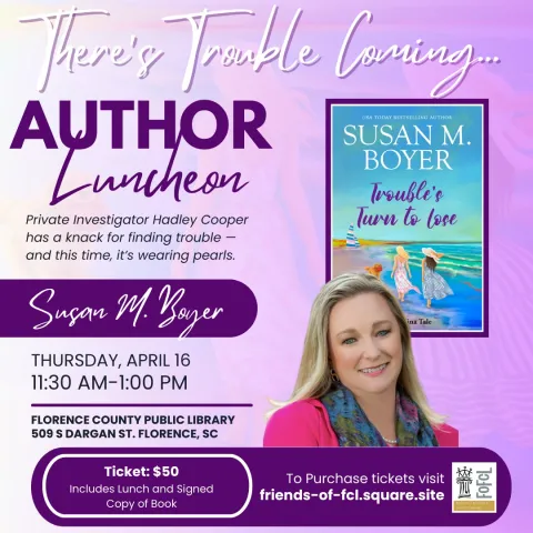 Author luncheon with Susan Boyer showing book cover