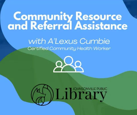 Outline of three people against a blue-green background with the library logo and the words community resource and referral assistance
