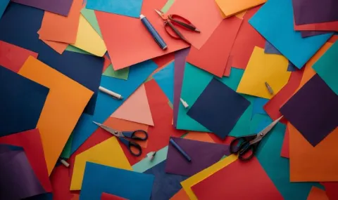 construction paper and scissors covering a table top