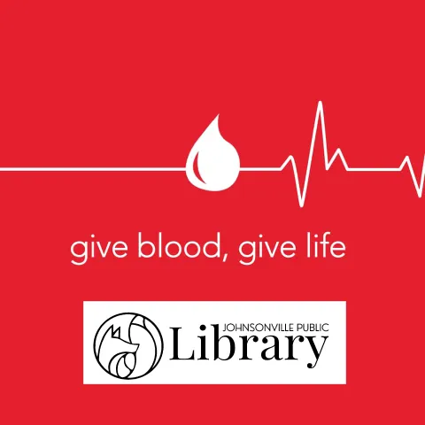 White drop on red background with library logo. Words give blood give life.