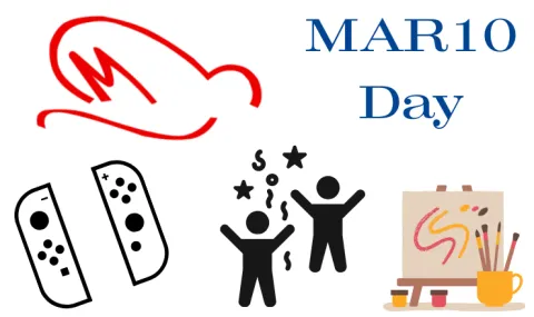Video game controllers, an easel with paint and canvas, and a red outline appear alongside the title MAR10 Day
