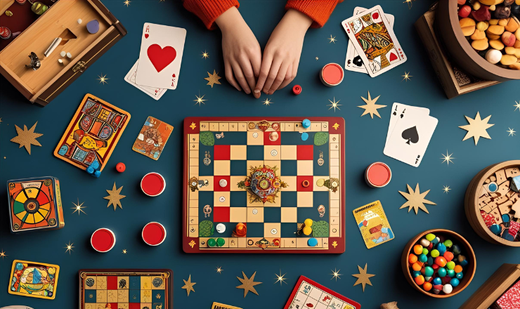 Hands on a table scattered with board games, cards, and puzzles