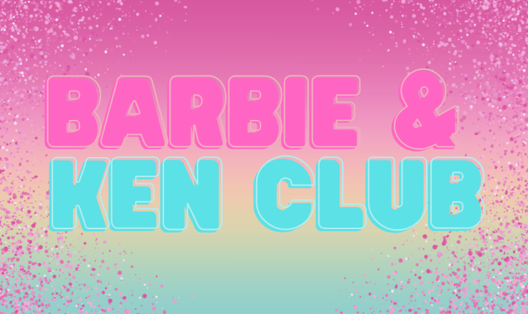 Barbie and Ken club logo over pink sparkly background