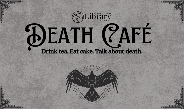 Death Cafe with black bird over grey background