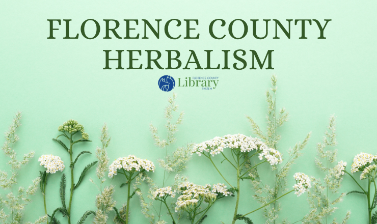 Florence County Herbalism on pale green background with border of herb plants on bottom