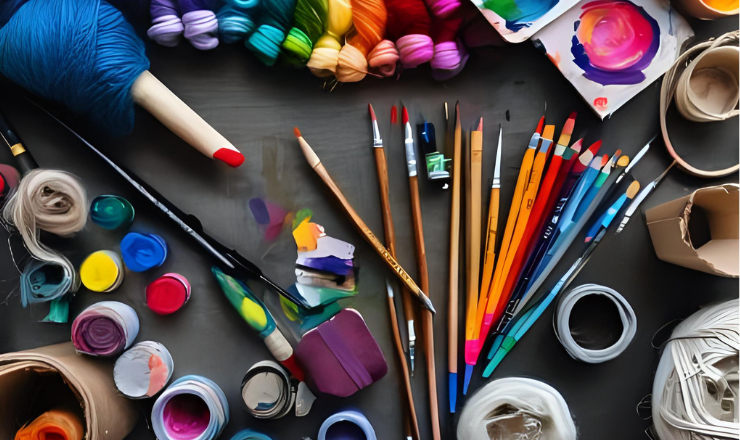 Arts and crafts supplies like paints, brushes, pencils, and markers scattered on a table
