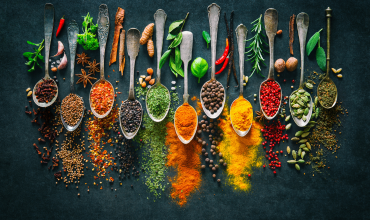 A row of spoons full of various spices and herbs