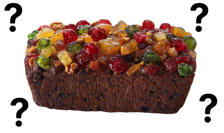 A fruitcake surrounded by question marks on a white background