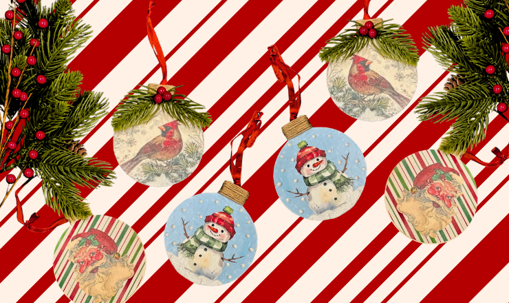 christmas ornaments on a candy cane striped background