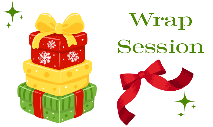 Three festively wrapped presents with the words "Wrap Session" and a red ribbon bow.