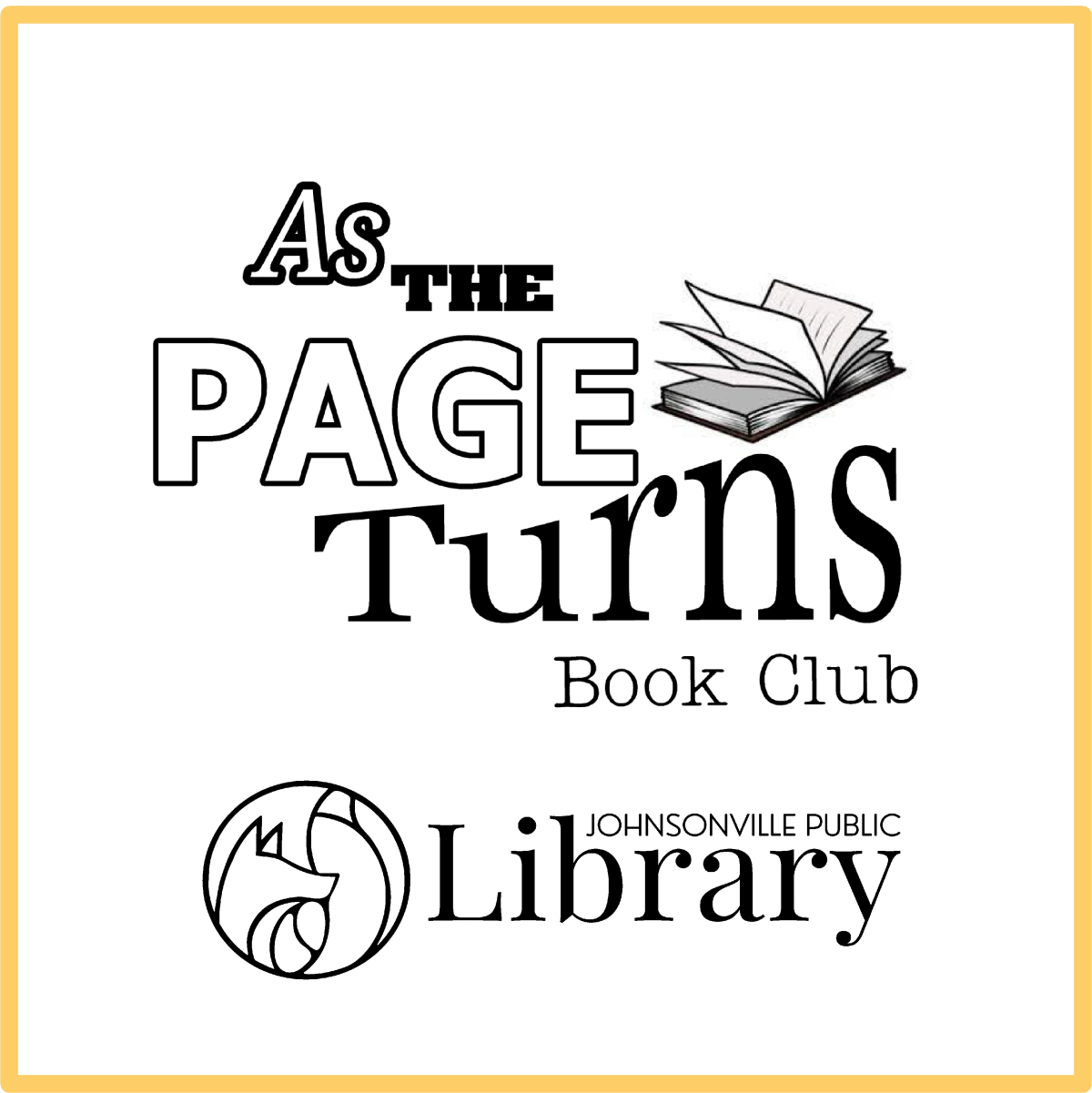 The words "As the page turns book club" with an image of an open book and the library logo