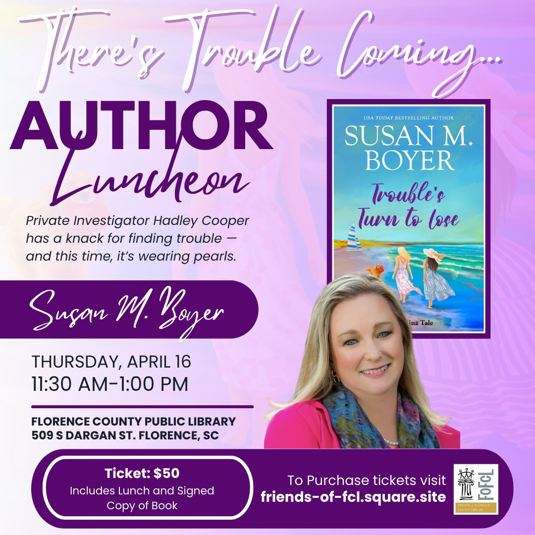 Author luncheon with Susan Boyer showing book cover