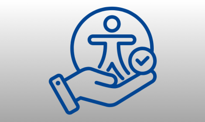 Blue graphic of a hand holding a person with a checkbox