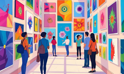 Illustration of art gallery with people browsing