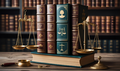 Stack of books with shelves filled of law books in the background