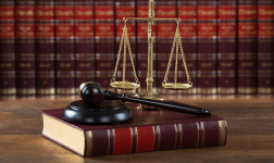 Scales, gavel, book, in front of bookshelves