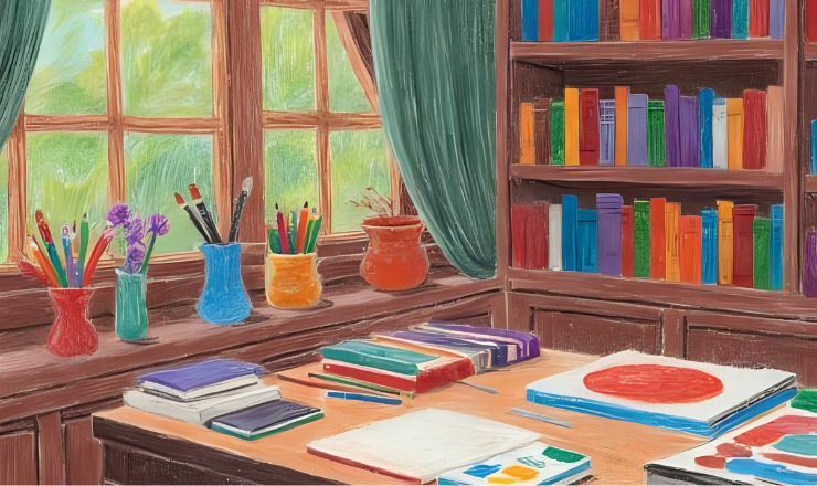Clubs graphic depicting a room with a shelf of books and materials on a desk