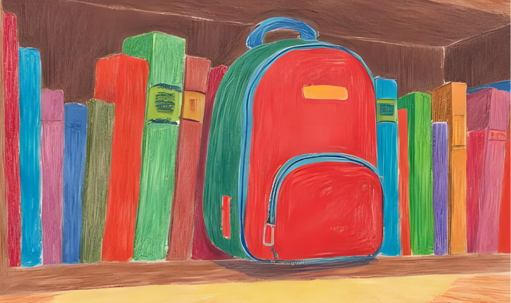 Kits for Kids graphic depicting a bookshelf with books and a red backpack