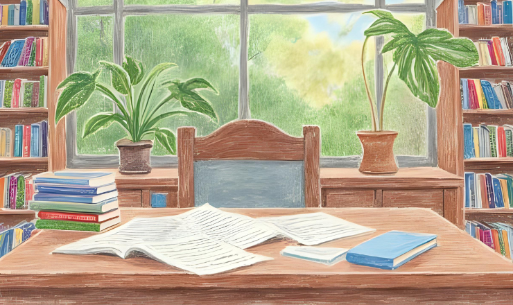 Policies graphic depicting a desk with papers and books on top