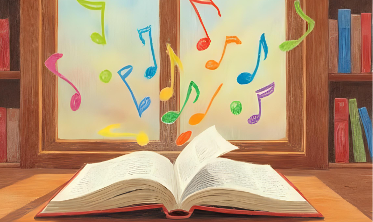 Storytime graphic showing an open book with music notes flying out of the pages