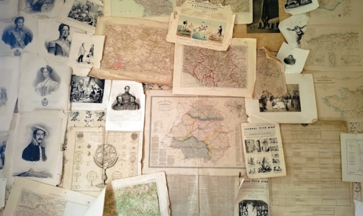 maps and photos on table 